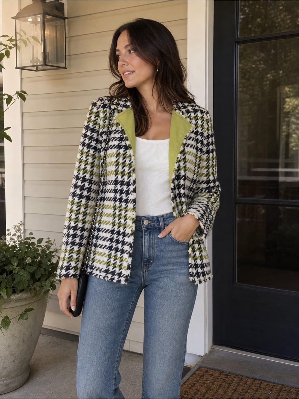 Lafayette 148 New York Black, White & Green Tweed Houndstooth Blazer 16W